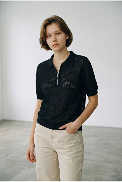 ÖNDER MODA Women's Textured Half Zipper Knitwear Polo Blouse