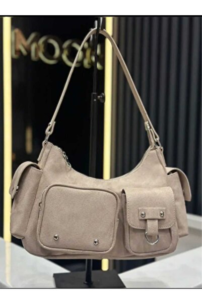 ÖZÜM ÇANTA Women's Suede Sport Pocketed Large Bag Cream