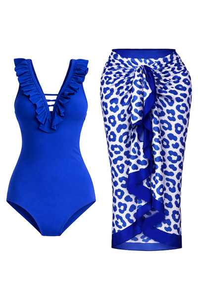 CUPSEA Slimming Effect Frilly Front Blue Swimsuit S Cobalt Leopard Pareo Set ...