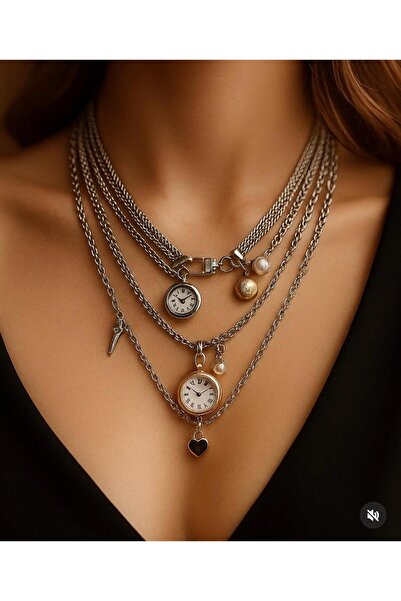 Miren Takı Moda Vip Silver Stil 3 lü Saat Kalp Charmlı Özel Seri Kolye