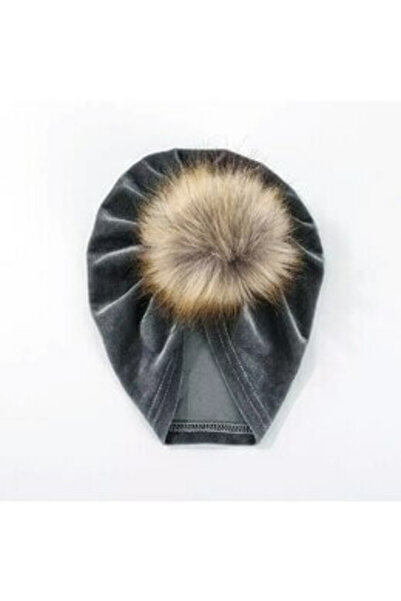 MiniKids Blue-gray velvet turban with faux fur