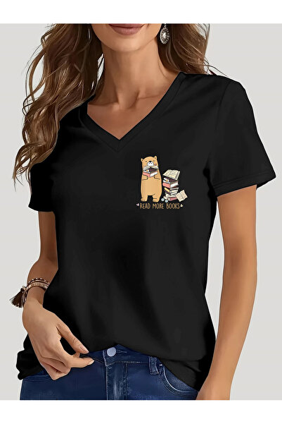 mercoledi تي شيرت نسائي من Cute Bear مطبوع بأكمام على شكل حرف V وقصة عادية