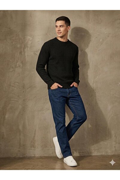 MADAM PARS Men's Black Corded Fabric Crew Neck Knitwear Sweater