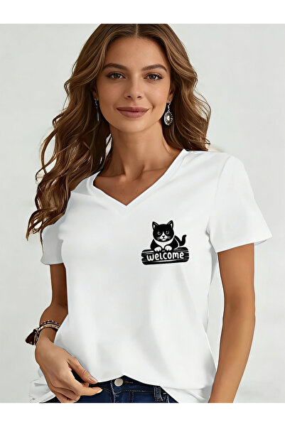 mercoledi Mâneci cu decolteu în V pentru femei pisică cu imprimeu Regular Fit...