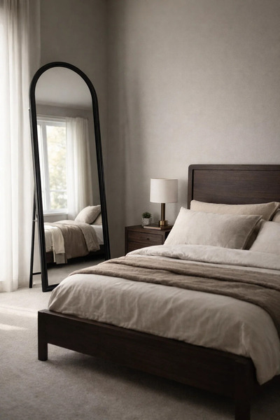 MARIA HOMES مرآة أرضية مقوسة بإطار خشبي أسود، مقاس 170 × 60 سم، مرآة أرضية كا...