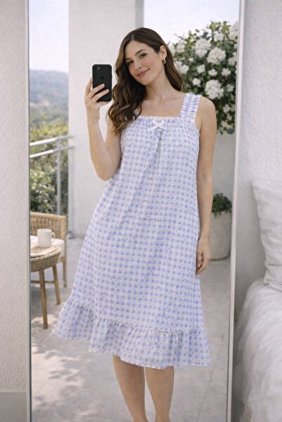 pajama set Blue Gingham Ruffle Strap Nightdress