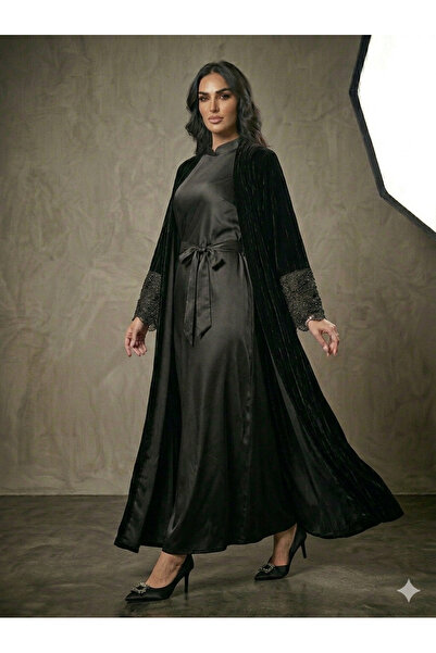 Misk couture Black Velvet Abaya + under abaya satin dress