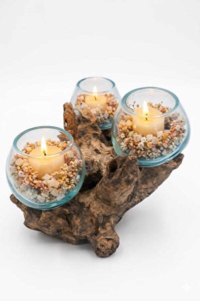 PAKETA "Doğal Kütük Gövdeli Üçlü Cam Mumluk & Dekoratif Şamdan