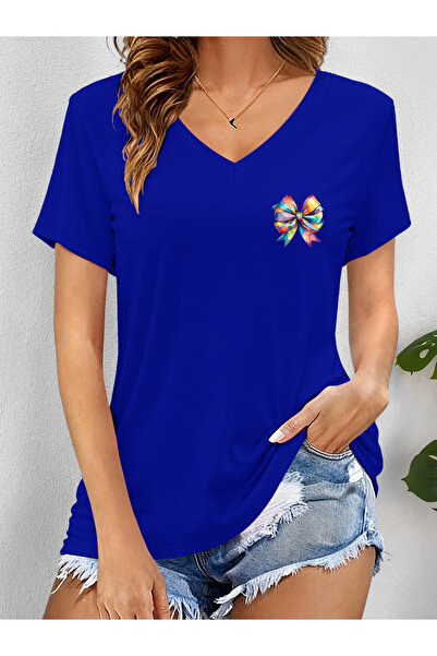 mercoledi Дамска тениска с V-образно деколте, ръкави и принт с цветна панделк...