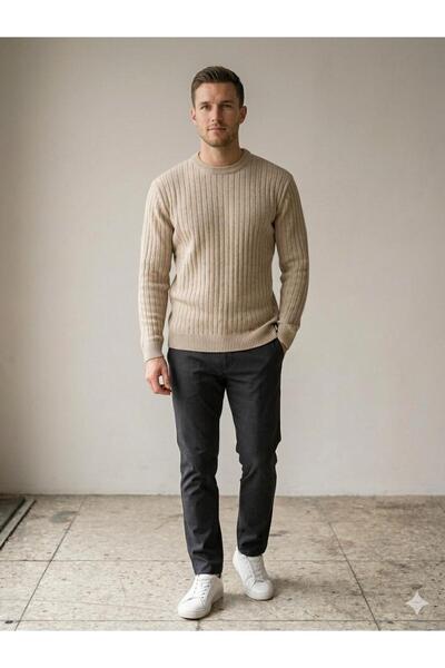 MADAM PARS Men's Black Corded Fabric Crew Neck Knitwear Sweater