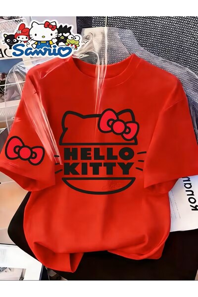 oneagılyazı Minimalist Line Art Kitty Printed Stylish Round Neck Short Sleeve...