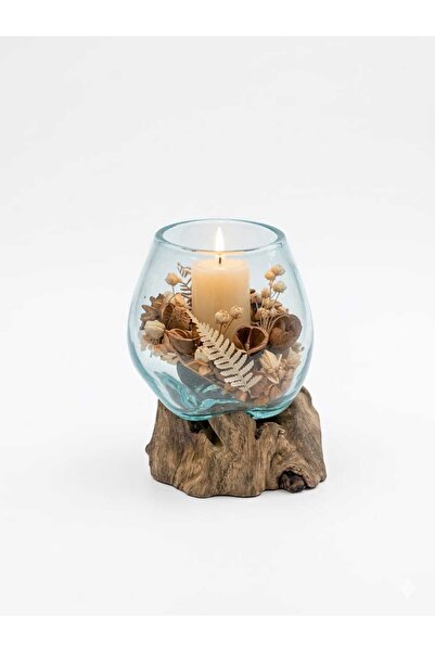 PAKETA "Doğal Kütük Gövdeli Cam Mumluk & Dekoratif Şamdan