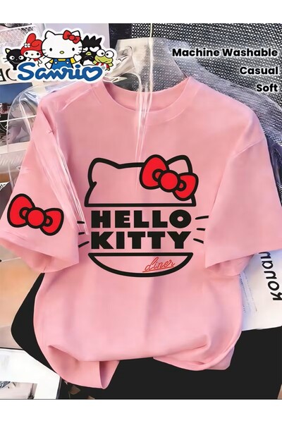 oneagılyazı Minimalist Line Art Kitty Printed Stylish Round Neck Short Sleeve...