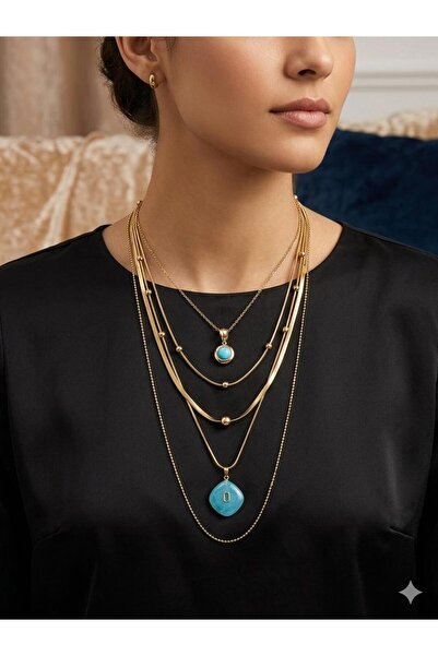 parla hediyelik Çok Katlı 4'Lü Mavi Boncuklu Gold Renkli Çelik Çoklu Kolye
