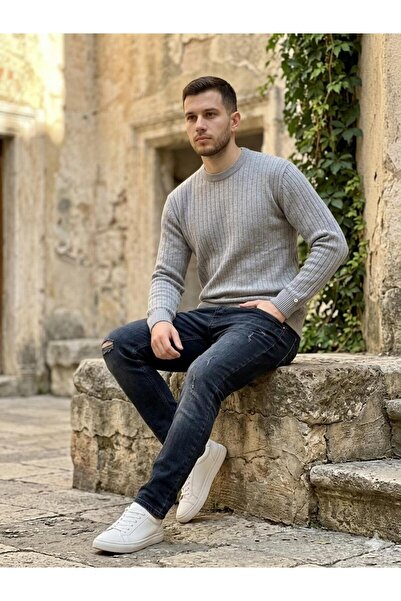 MADAM PARS Men's Black Corded Fabric Crew Neck Knitwear Sweater