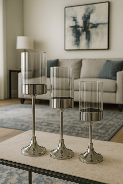 St Morritz Gümüş Renk Silindirik Camlı 3'lü Şamdan Seti, Modern Salon ve Yeme...