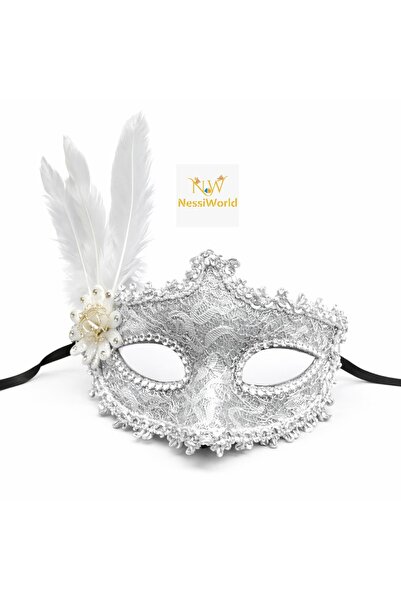 My Reality Fashion قناع فينيسيا الفاخر بالريش الأبيض – تصميم مرصّع بالأحجار د...