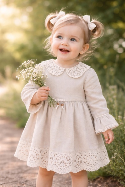 Pure Boutique Rochie bebe fetita bej din in cu dantela si guler elegant