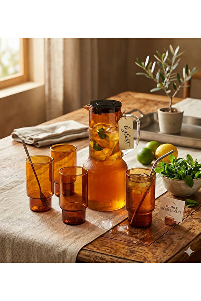LeylArt 4 Bardakli Borosilikat Cam Surahi Takimi Turuncu 2100 Ml