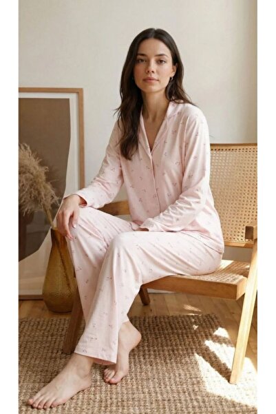 Espuar Дамски комплект пижама с дълъг ръкав и яка, с памучен плат и цветя