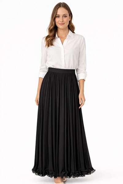 REMİS تنورة نسائية سوداء مطوية من الشيفون المطاطي قصة بشكل جرس