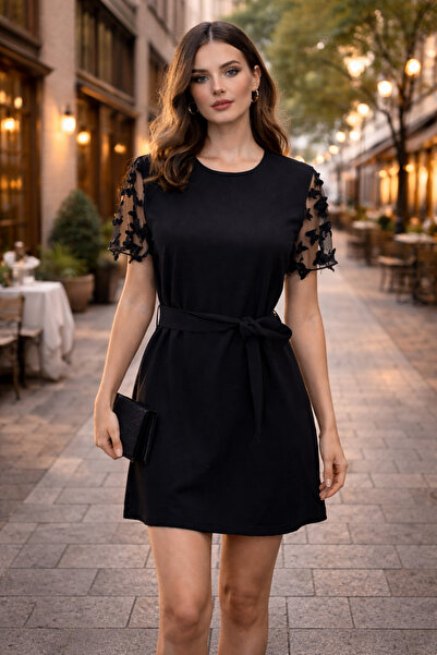 Masspera Kadın Siyah Kelebek Aplikeli Tül Kol Kuşaklı Mini Elbise Şık Günlük ...