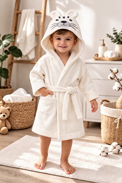 Pure Boutique Halat baie pufos copii alb cu gluga pisicuta, bumbac