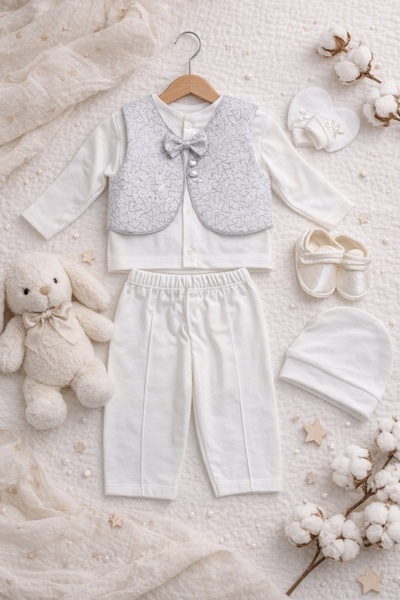Pure Boutique Elegant white 6-piece baby boy set, with vest and bow tie