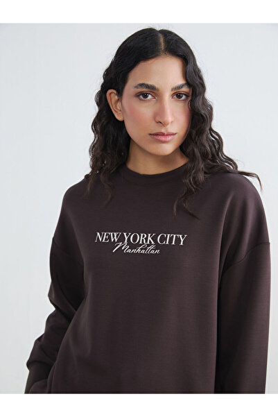 LC Waikiki Καφέ Γυναικείο Φούτερ Τουνίκ NYC με τύπωμα με λαιμόκοψη ποδηλάτου