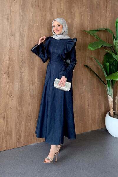 Hazamoda Li Li Shoulder Ruffle Denim Dress Navy Blue
