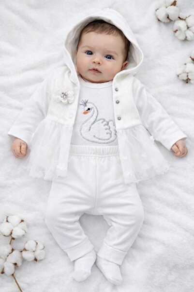 Pure Boutique Set bebe fetite 3 piese alb cu lebada, body pantaloni si jacheta