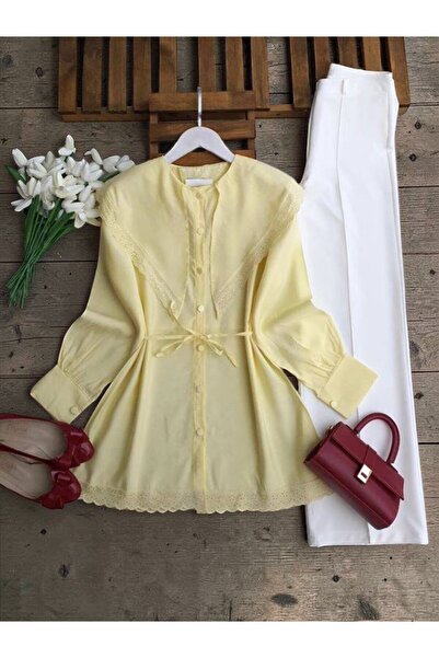 ŞAHİN TESETTÜR GİYİM DANTEL DETAYLI SİVRİ BÜYÜK YAKA GÖMLEK TUNİK 5703
