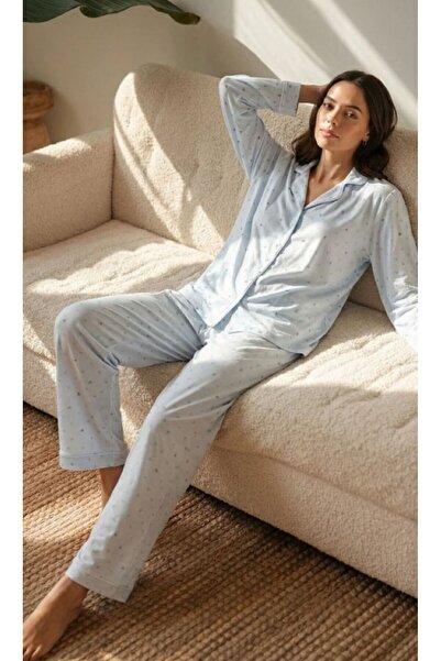 Espuar Women's Cotton Piece Heart Patterned Long Shirt Collar Pajama Set