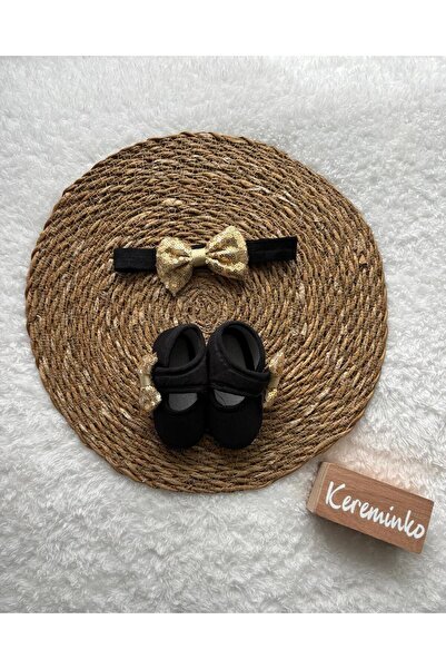Kereminko Bebek 0-3 Months Newborn Gold Sequined Bow Baby Bandana Booties Set