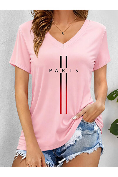 mercoledi Women's Paris Printed V-Neck Sleeved Regular Fit T-Shirt