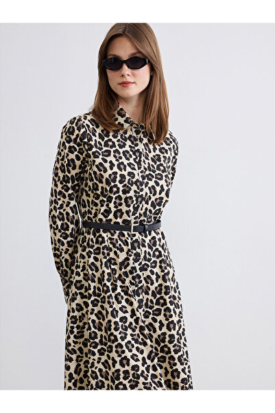 LC Waikiki Vizyon New Season Leopard Printed Li Belt Li Poplin Shirt Dress