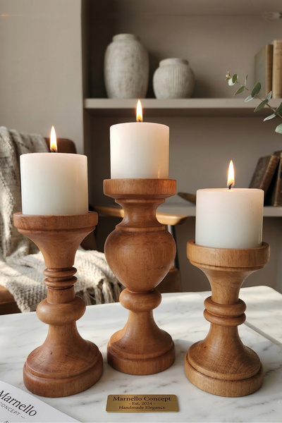 MARNELLO CONSEPT Rustik Mumluk 3'lü Dekoratif Ahşap Şamdan Seti - Torna El İş...