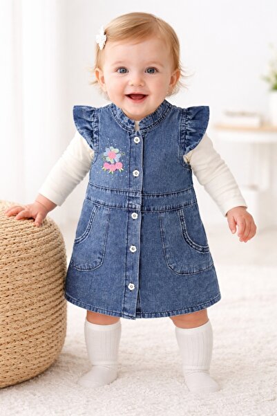 Pure Boutique Sarafan denim bebe fetita cu bluza alba si broderie florala