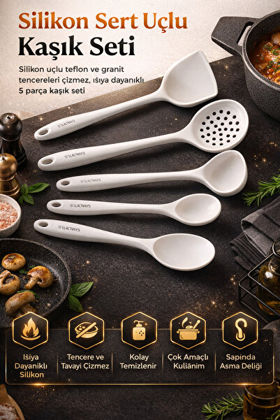 Single 5 Parça Sert Uçlu Isıya Dayanıklı Kevgir-Spatula-Pilav-Kepce-Derin Kaş...