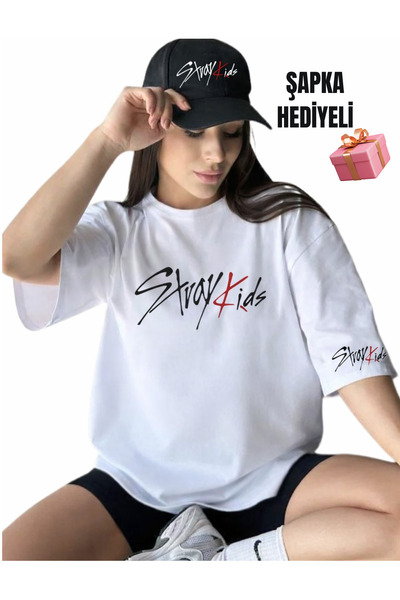 barsdepo Tricou cu logo Stray Kids cu imprimeu – Set cu șapcă și cadou CALITA...
