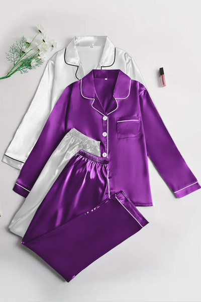 Sweet Dream Women's Satin Short-Sleeve Pajama 2 Sets with Button Soft Sleepwe...