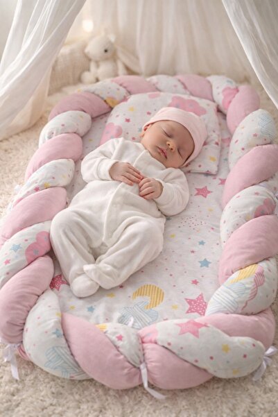 Pure Boutique Baby nest bebe roz cu stelute si norisori, cuib protector nou n...