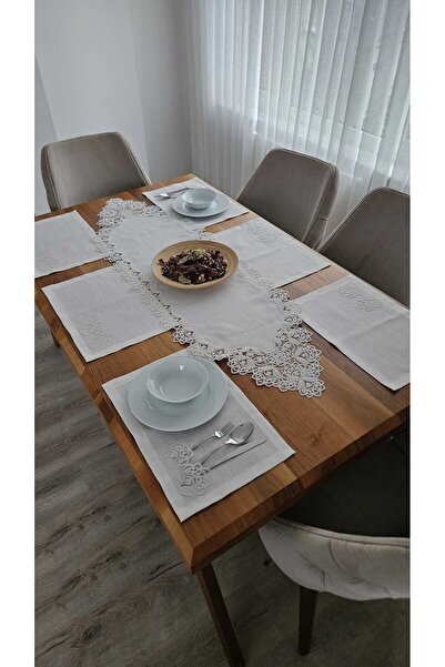 DOLUNAY HOME TEKSTİL Linen Textured Luxury French Lace American Set -12 Perso...