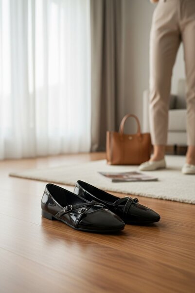 enoch حذاء نوتش نسائي من الجلد اللامع حزام قطعة ماري جين أسود حذاء مسطح