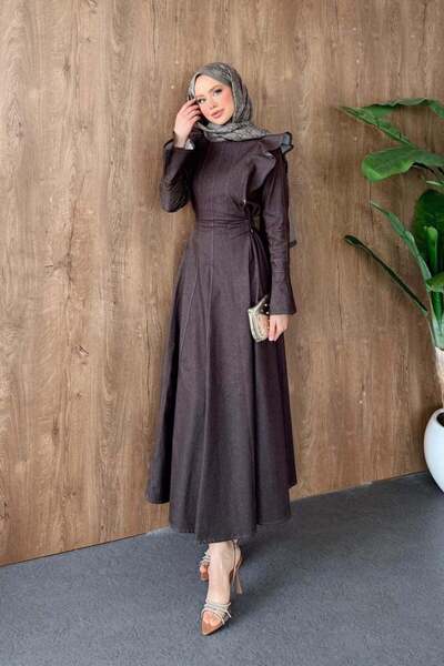 Hazamoda Li Li Shoulder Ruffle Denim Dress Coffee