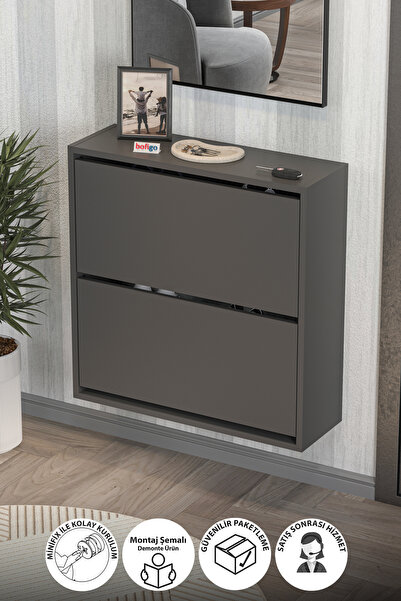 St Morritz Düşer Kapaklı 2 Bölmeli Kayar Raflı Ayakkabılık Duvara Monte Antrasit