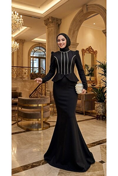 Elegant Stone Embroidered Design Hijab Evening Dress with Tail