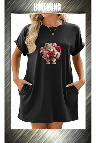HOFFNUNG Unisex Short Sleeve Round Neck Bear Heart Printed Solid Color Long T...