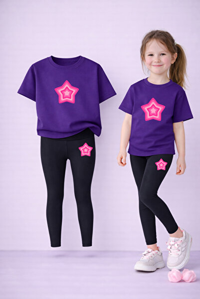 LORVEX Girls' Set T-Shirt and Stretchy Leggings Set 100% Cotton Color Star Pr...