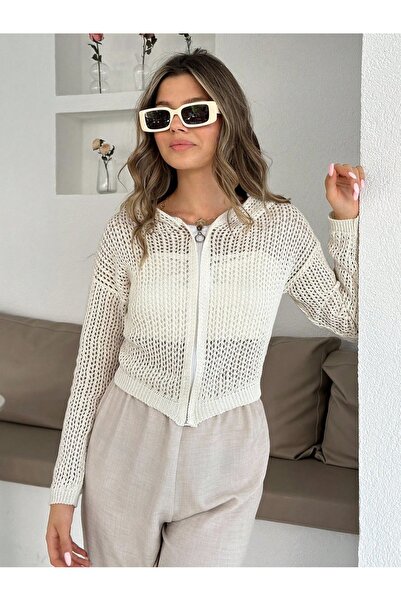 FİFTY ONE Women's Lace-Like Knit Zipper Summer Thin Knit C Cropped Cardigan